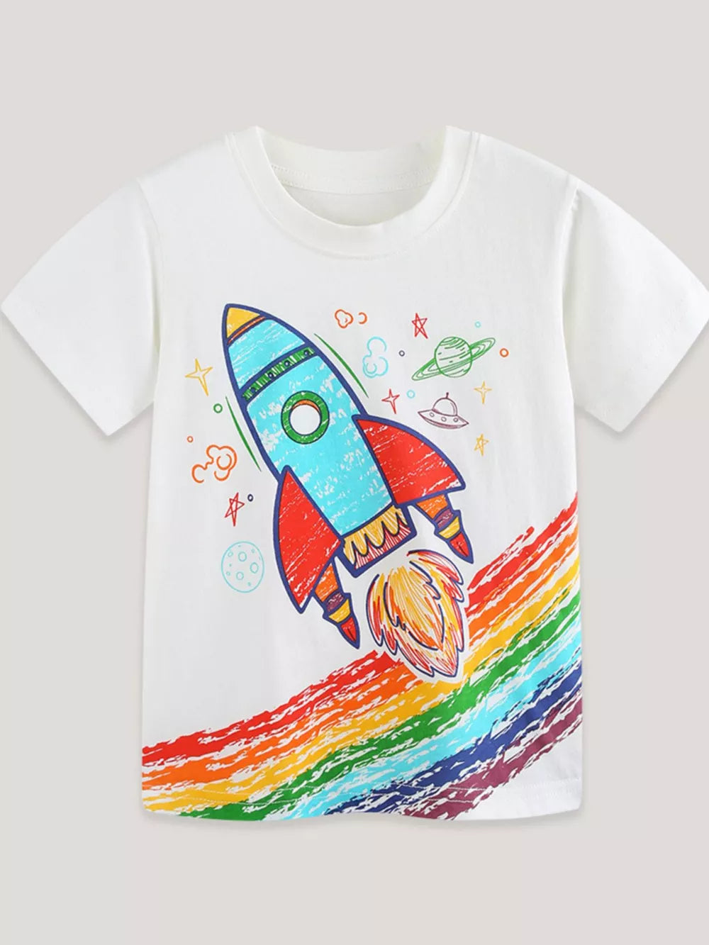 White cotton crew neck t-shirt with a colorful rocket and rainbow graphic.