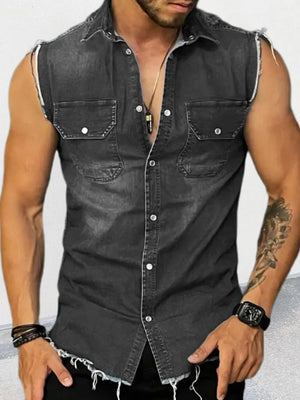 Black raw-edge denim sleeveless shirt for men with two chest pockets and button front.