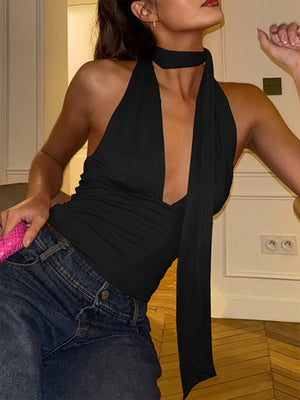 Black halter neck tie cami top with deep v-neck and adjustable ties