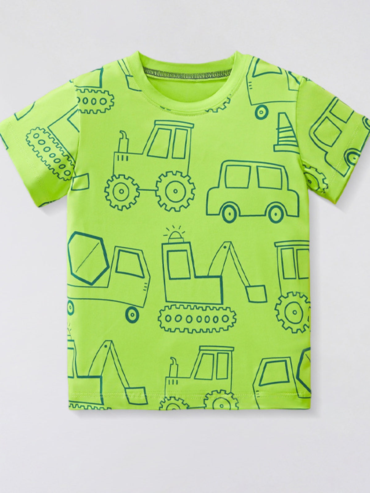 Toddler crew neck t-shirt in neon green with an all-over construction vehicle outline print.