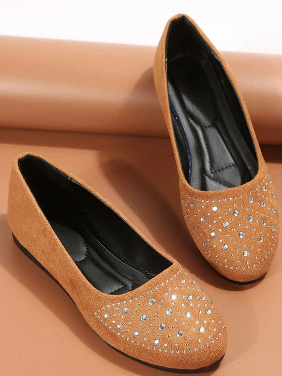 Brown suede ballet flats with allover rhinestone embellishments.
