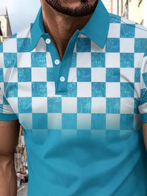 Sky blue ombre checkered polo shirt with a collar and button placket.