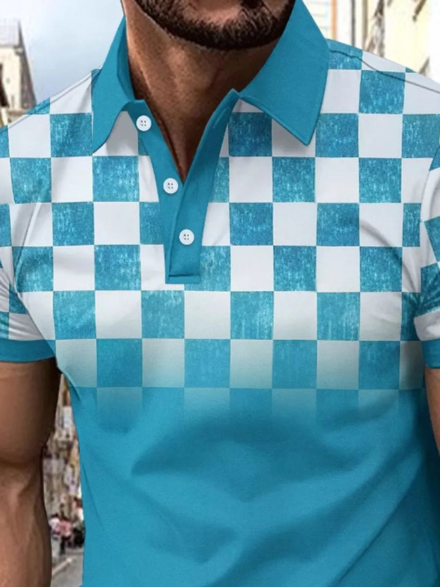Sky blue ombre checkered polo shirt with a collar and button placket.