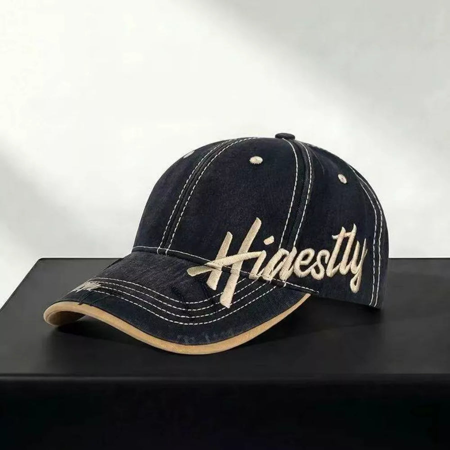 Navy cotton baseball cap with "Honestly" embroidery and contrast stitching