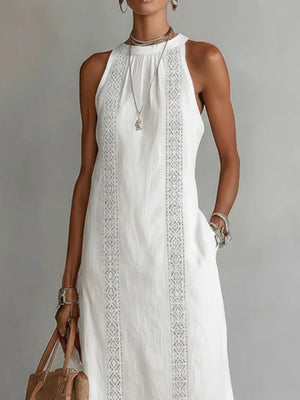 White sleeveless midi dress with lace trim and pockets