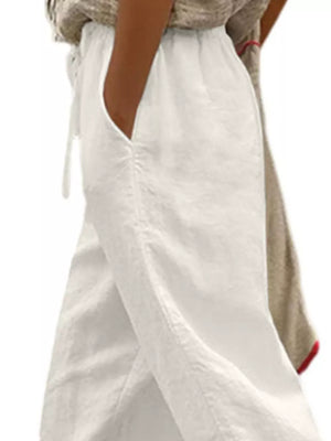 White relaxed fit maternity pants with drawstring and pockets