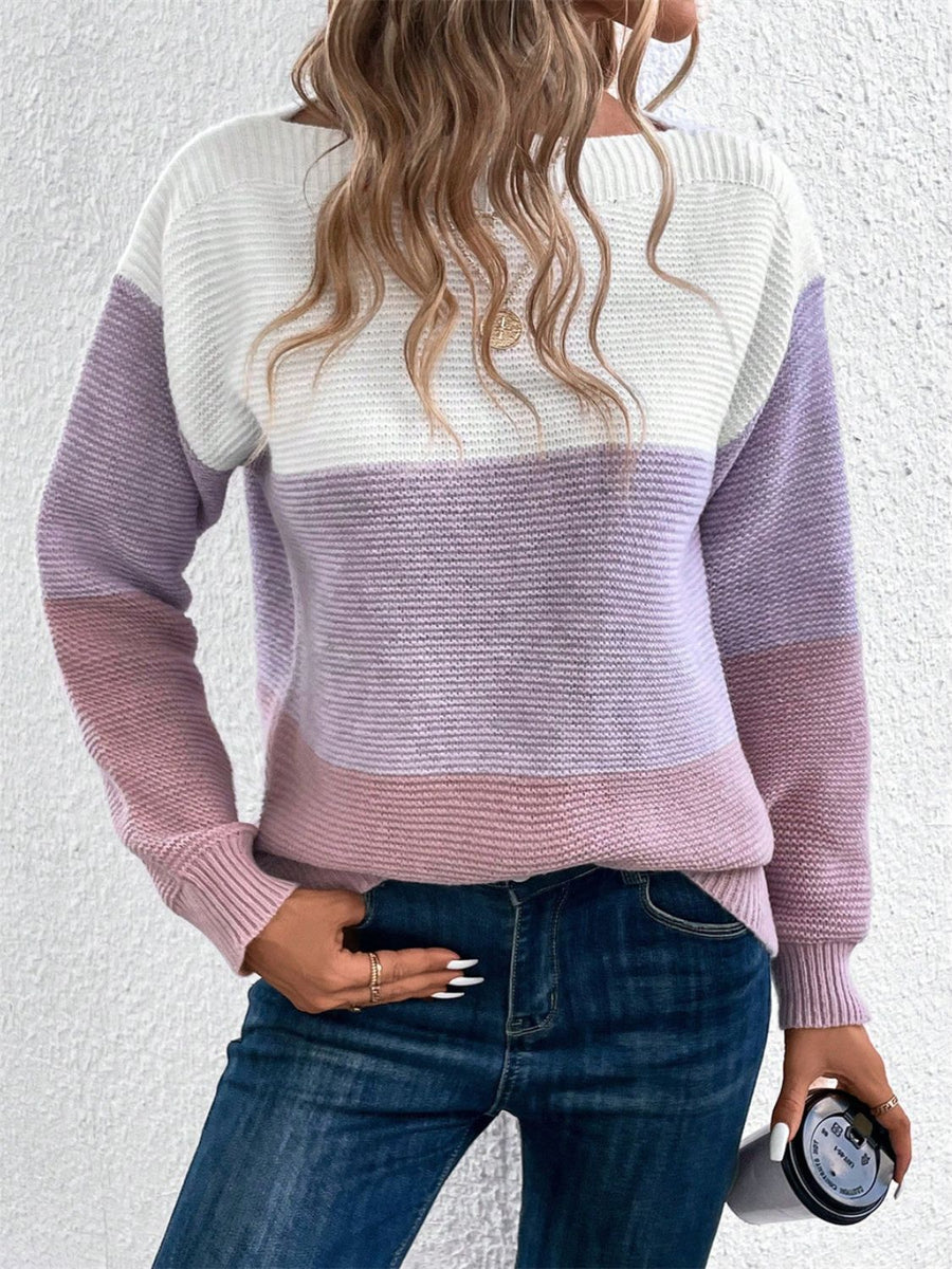 Colorblock boatneck knit sweater in white, lavender, and pink stripes.