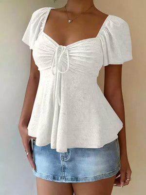 Wine Red Sweetheart Neck Flutter Sleeve Top