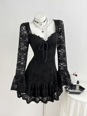 black mini dress with floral and square neck