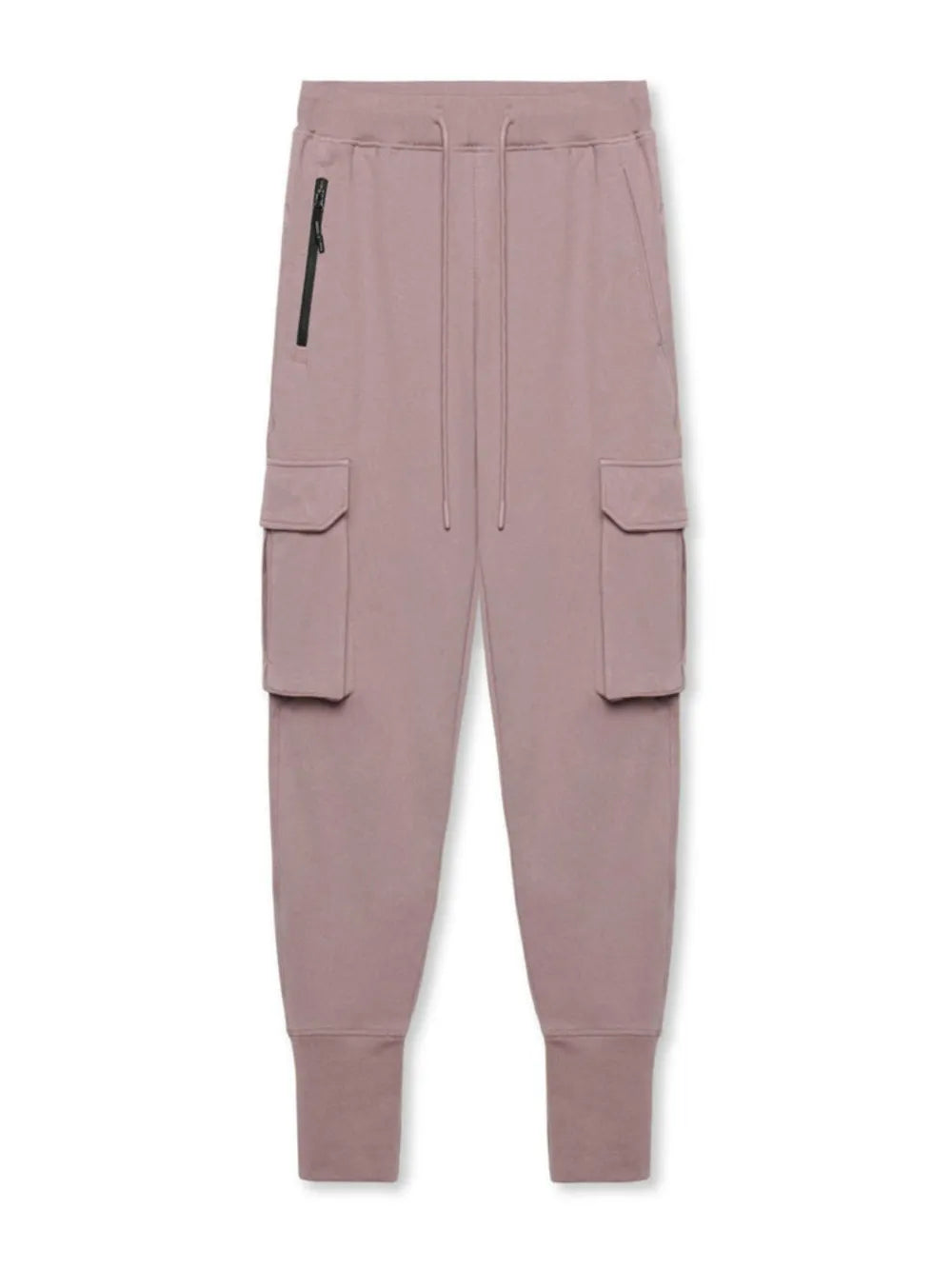 Dusty pink tech-knit cargo joggers with zip pocket and elastic cuffs