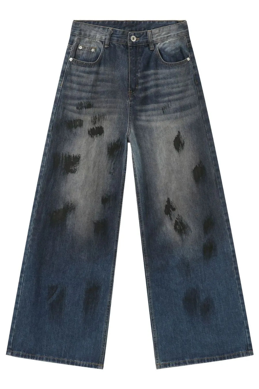 Oversized charcoal wash denim jeans with distressed black paint splatters and wide leg.