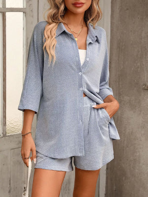 Textured navy blue striped two-piece set with classic collar shirt and shorts