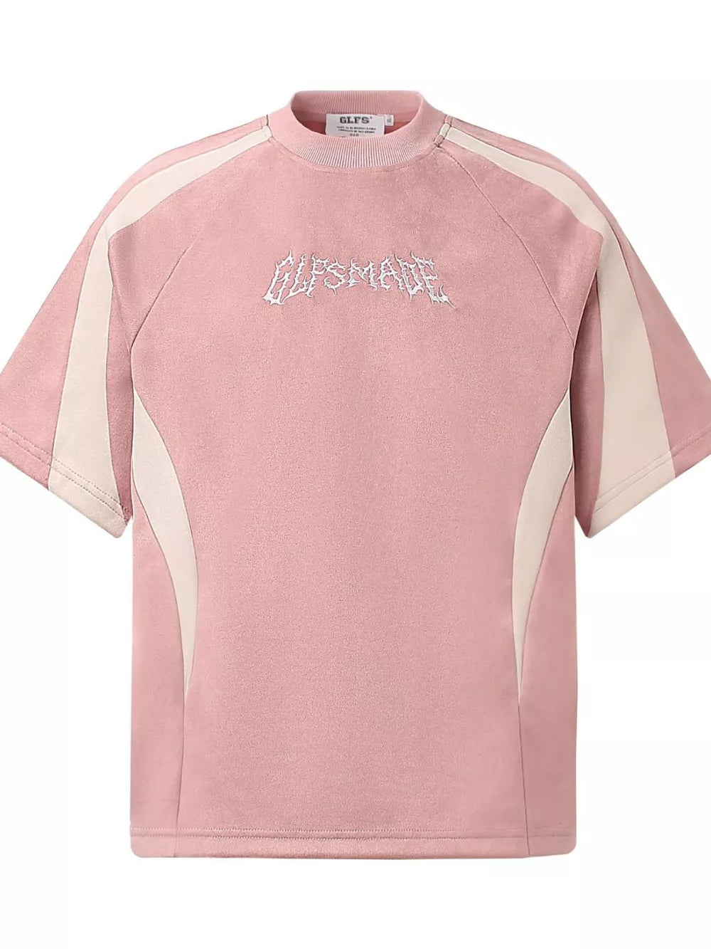 Pink athletic t-shirt for men with embroidered graphic and contrast panel details.