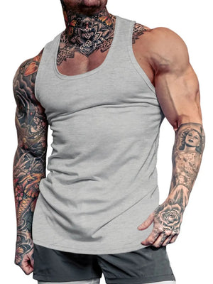 Gray performance fit scoop neck tank top with a relaxed cut.