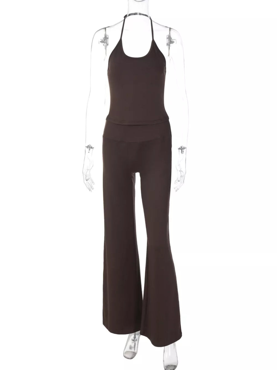 Brown halter crop top and wide-leg pants set