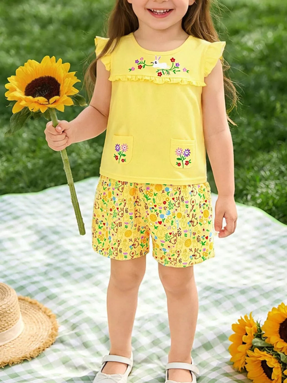 Yellow cotton toddler girls' undershirt set with floral embroidery and bunny print shorts.