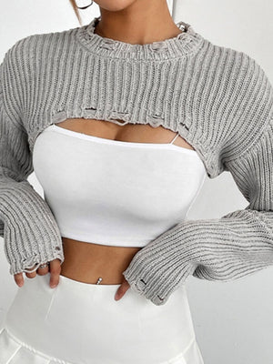Distressed knit bolero crop top in heather gray with ripped details and long sleeves.