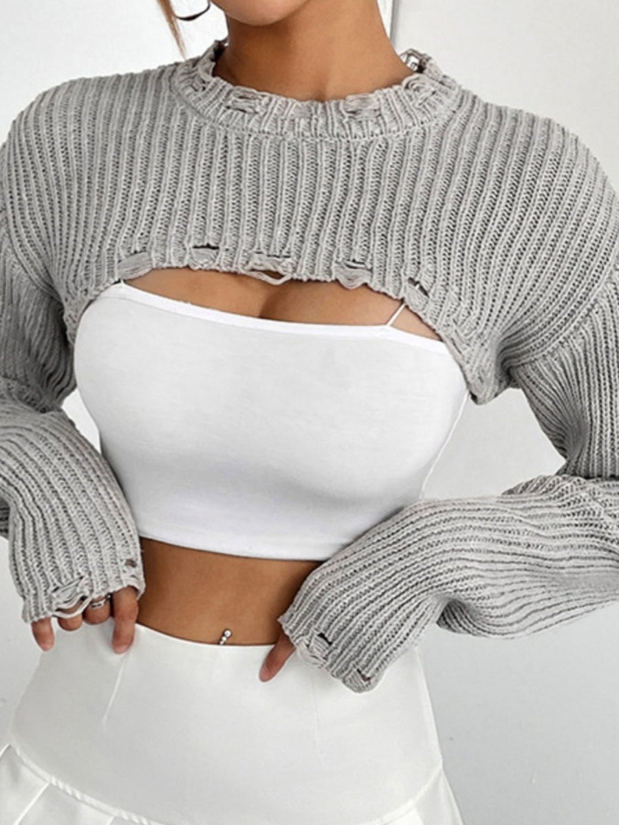 Distressed knit bolero crop top in heather gray with ripped details and long sleeves.