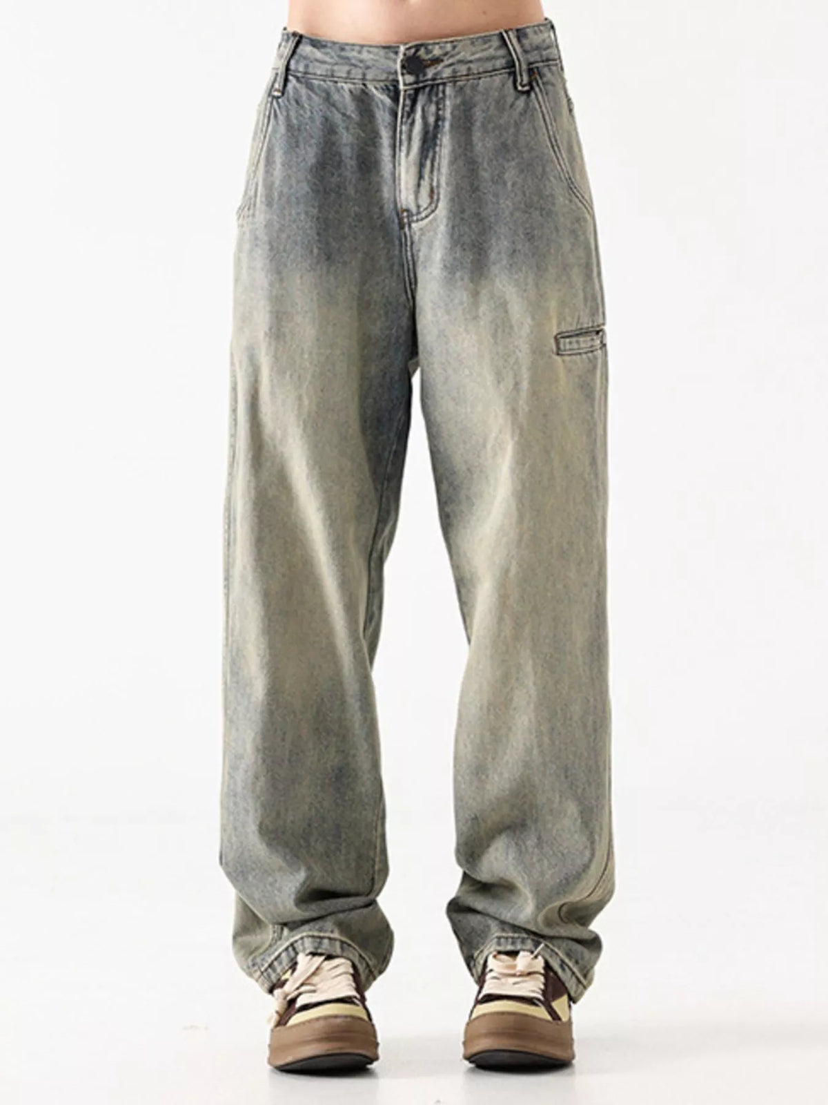 Vintage loose fit denim jeans in Air Force Blue with a faded wash and cargo pocket detail.