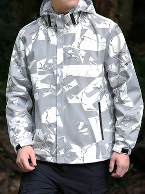Plus-size windbreaker jacket in white and gray abstract pattern with zip pockets and adjustable cuffs.