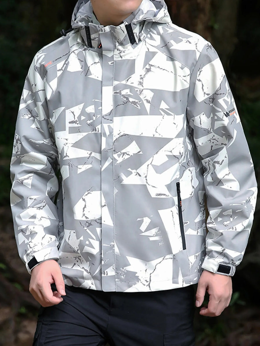 Plus-size windbreaker jacket in white and gray abstract pattern with zip pockets and adjustable cuffs.