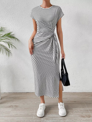 Striped midi dress with short sleeves, a tie waist, and a side slit.