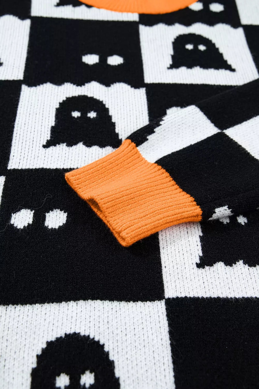 Halloween Ghost Pattern Checkerboard Sweater in Black with ribbed cuffs