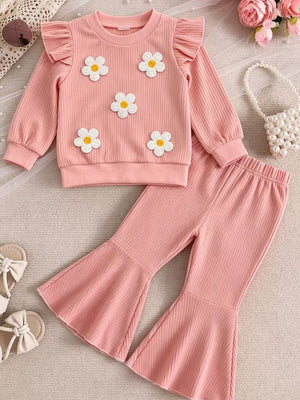 Children's Daisy Ruffled Ribbed Top & Flare Pants Set in Pink