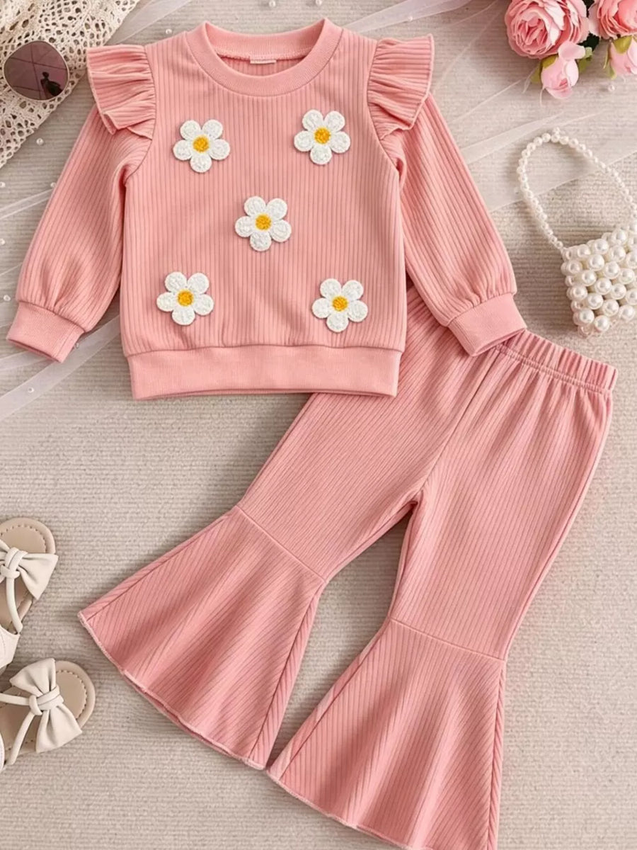 Children's Daisy Ruffled Ribbed Top & Flare Pants Set in Pink