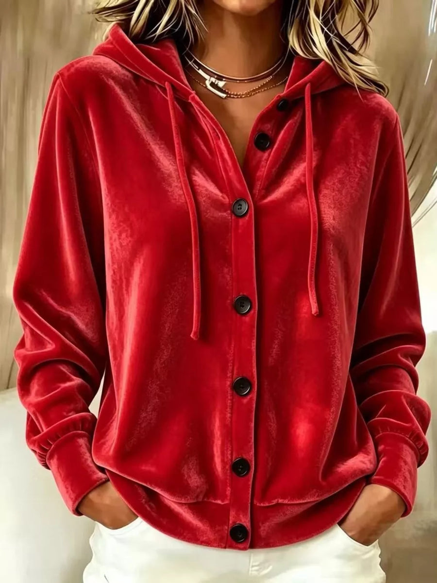 hoodie in red featuring buttoned and relaxed fit