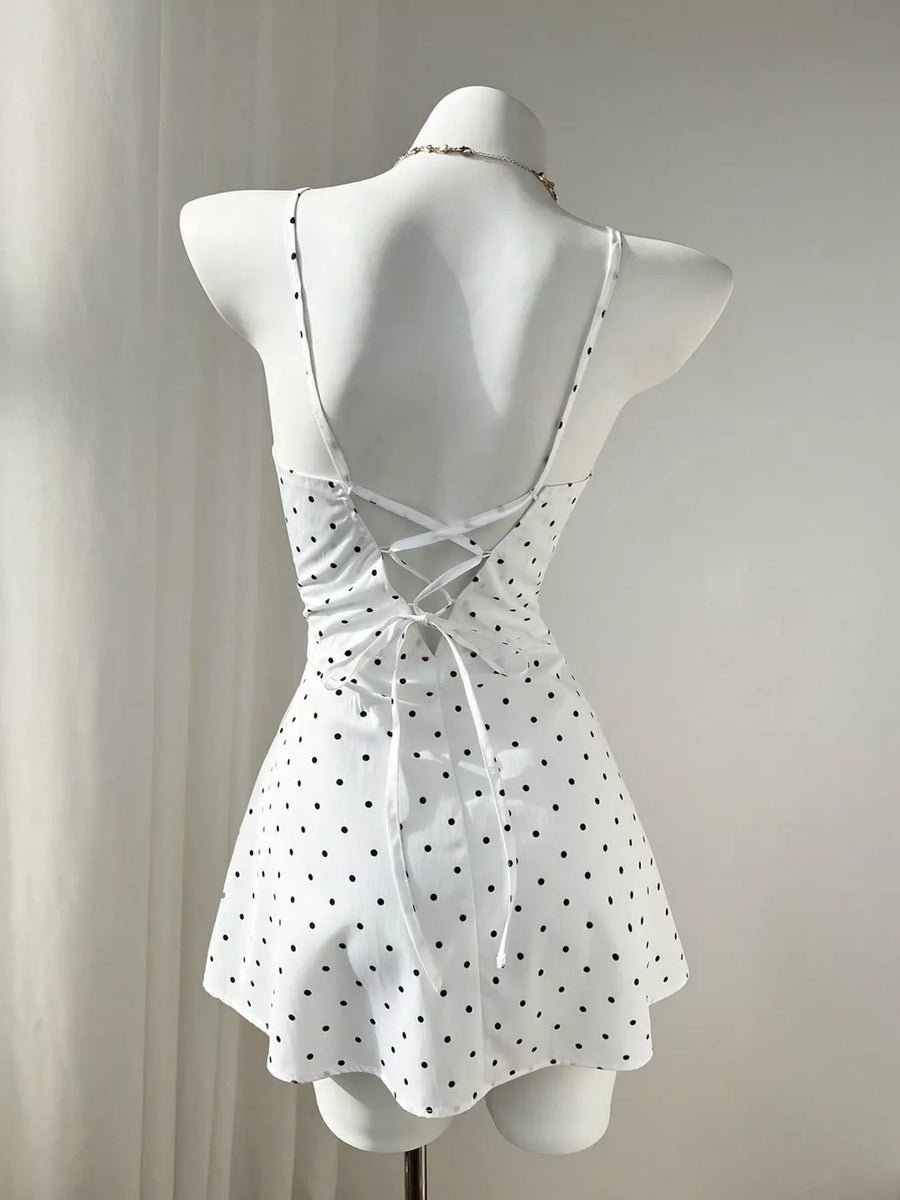 White mini dress with button-front and polka dot