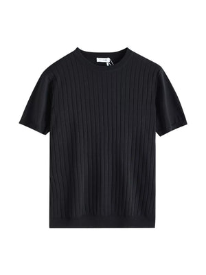 Black ribbed knit t-shirt for men with short sleeves and crew neck.