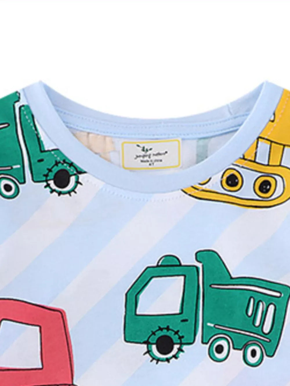 Toddler T-shirt with construction vehicles and blue stripes, crew neck, short sleeves.