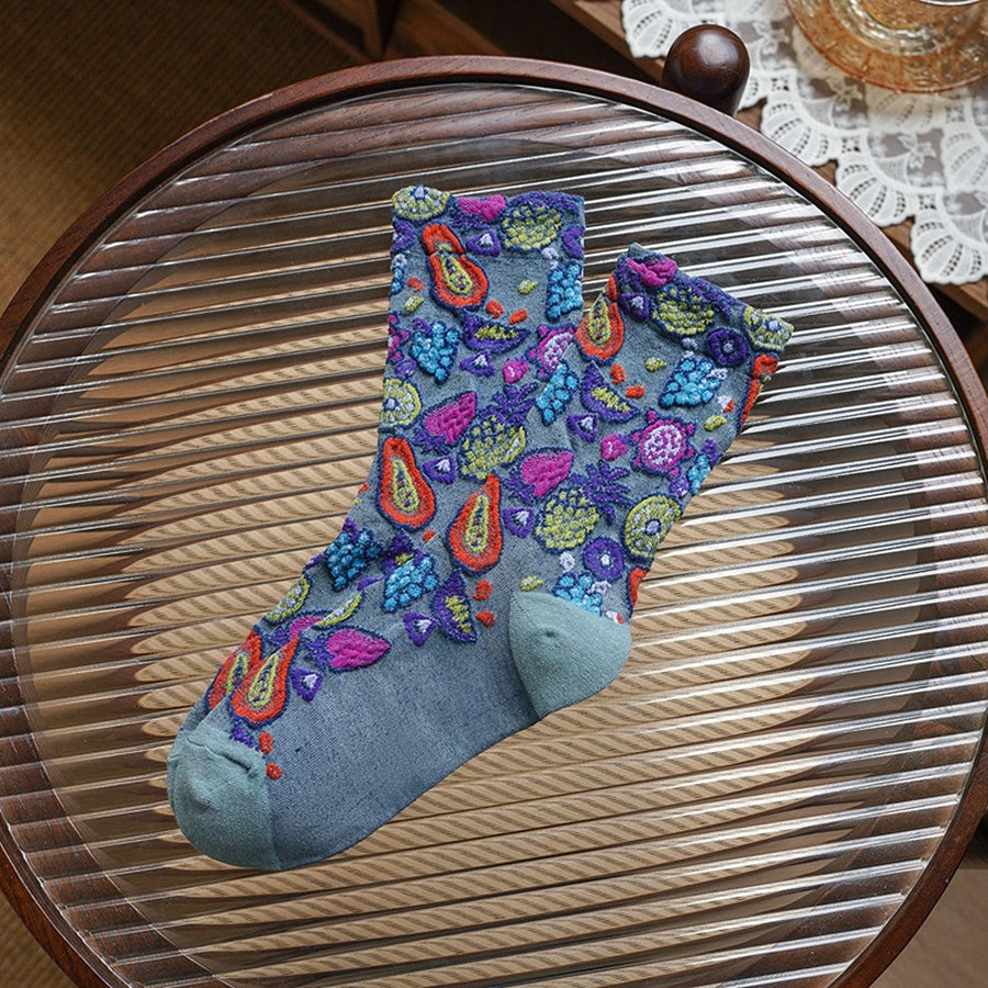 Fruit Pattern Crew Socks in navy blue with patterned