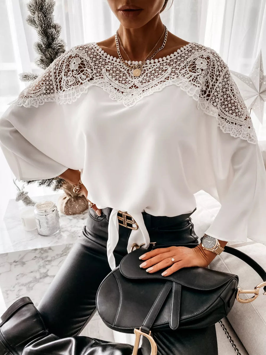 White long sleeve shirt with lace yoke and tie waist detail