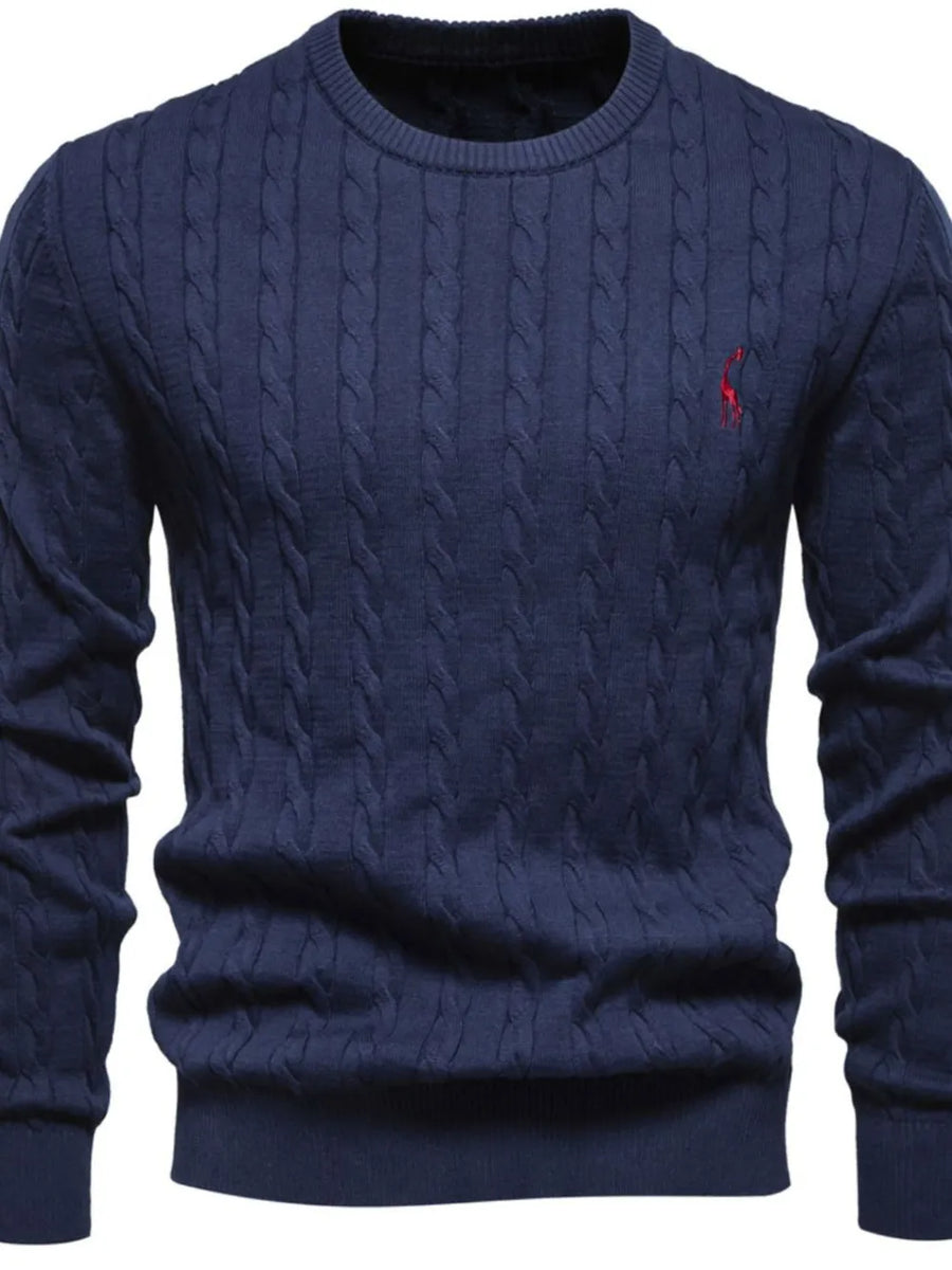 Navy cable knit crewneck sweater with red embroidered detail