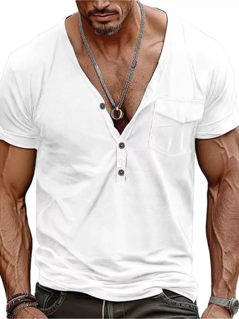 White casual buttoned pocket t-shirt for men with deep V-neck and short sleeves.