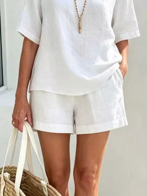 White Full Size Half Sleeve Top And Shorts Set