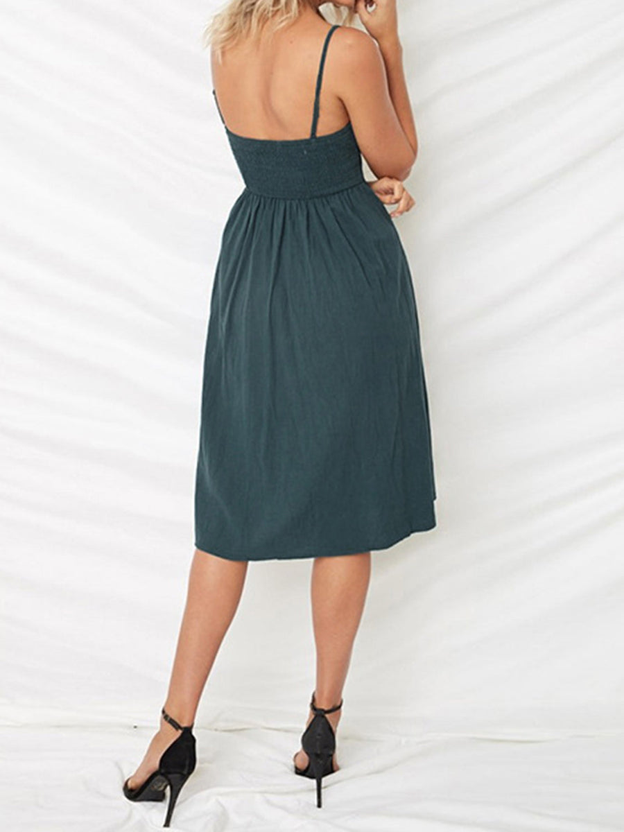 Deep Teal midi sundress with smocked bodice and spaghetti straps.