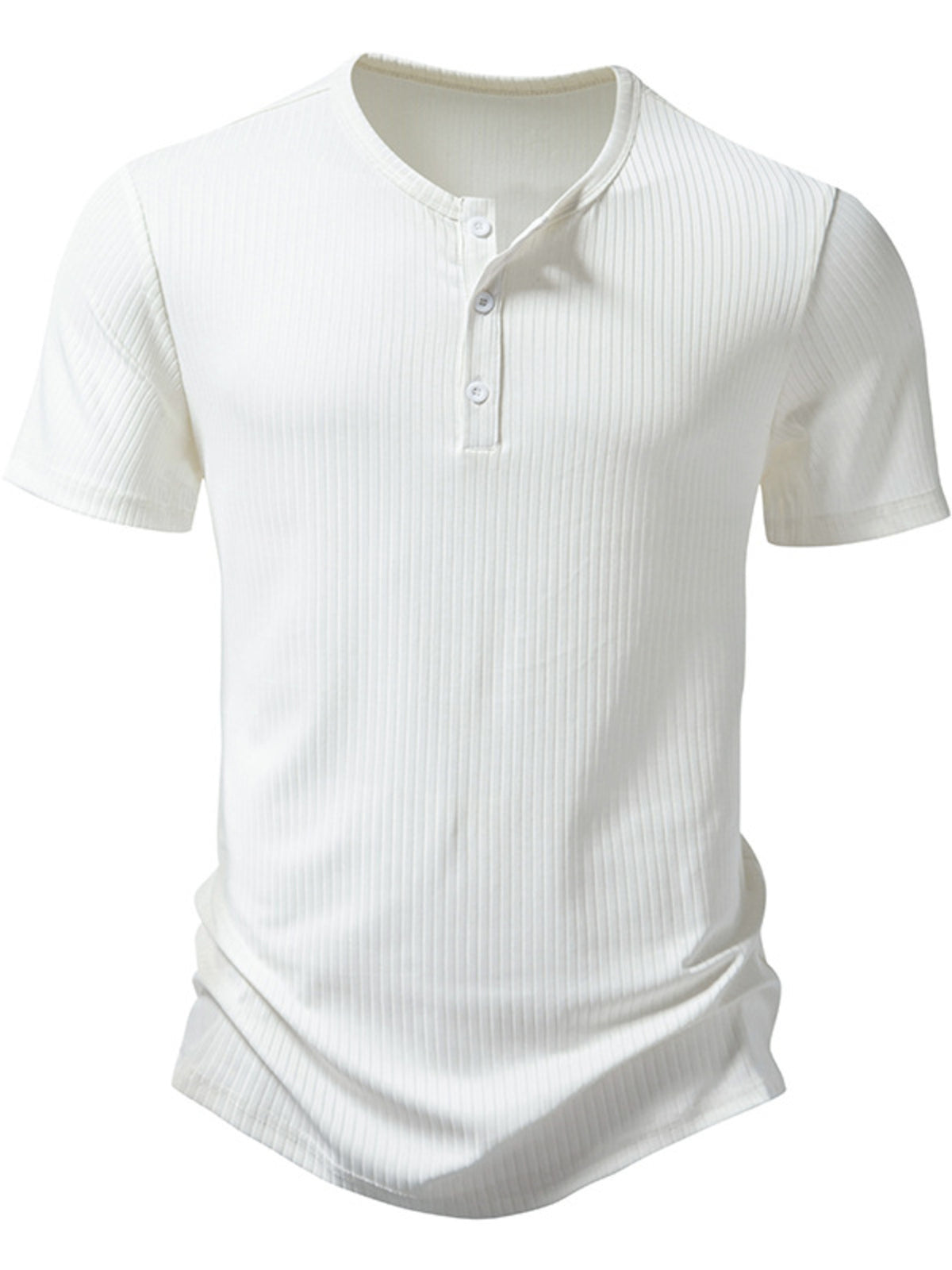 Men's white ribbed short sleeve henley t-shirt with button placket.