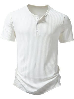 Men's white ribbed short sleeve henley t-shirt with button placket.