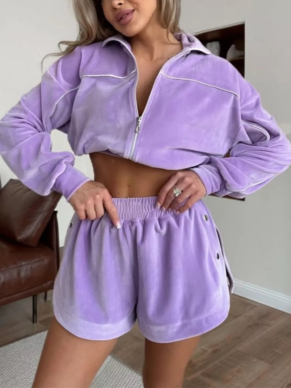 Zip-up Outerwear And Shorts Set in Cyan with contrast stitching