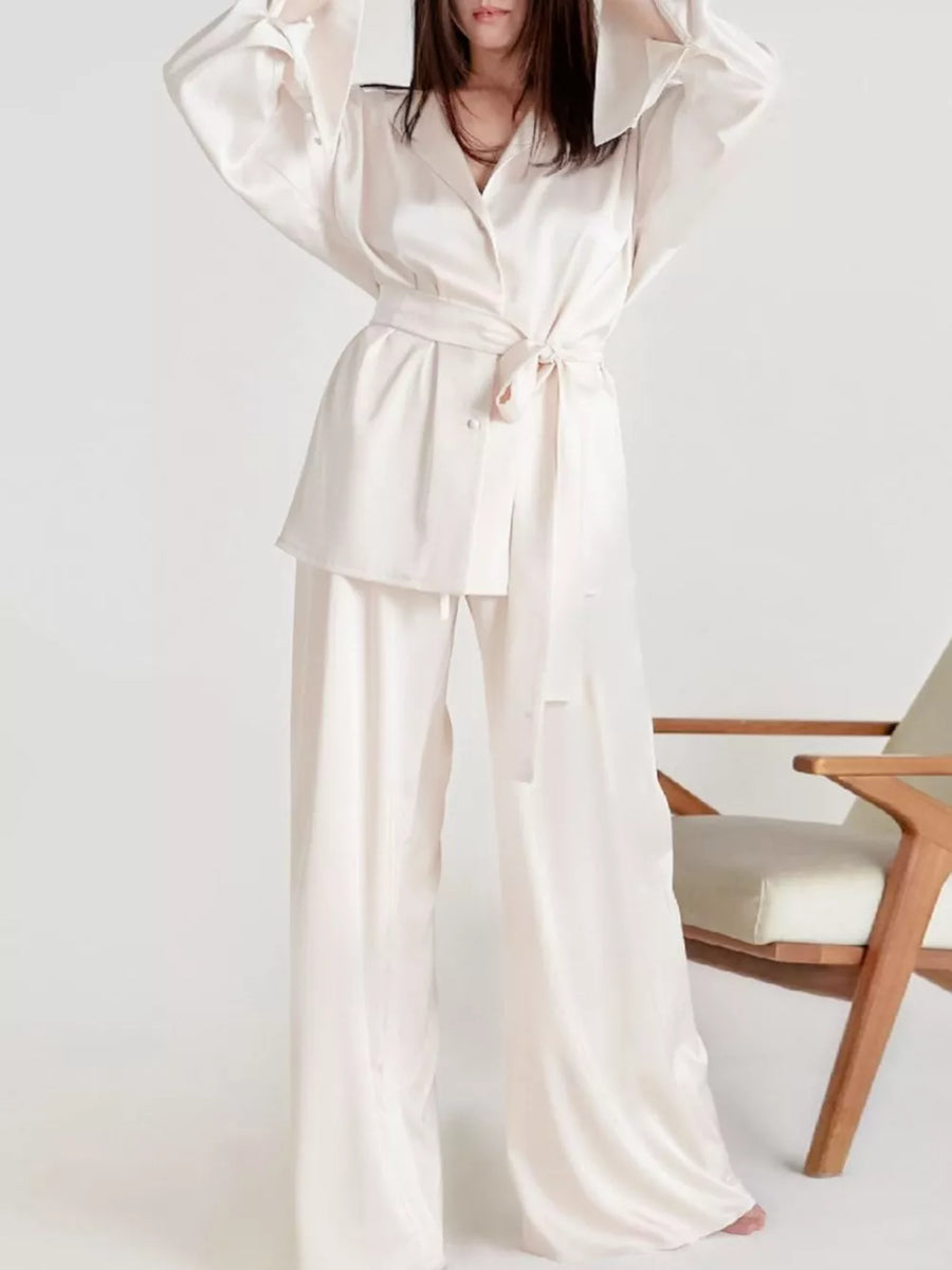 Satin Long Sleeve Shirt And Pants Set in Light Blue with buttoned