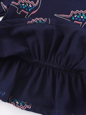 Dark navy cotton sweatshirt with dinosaur print and ruffled hem detail.