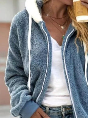 Blue fleece zip-up hoodie with white drawstring and sherpa lining.