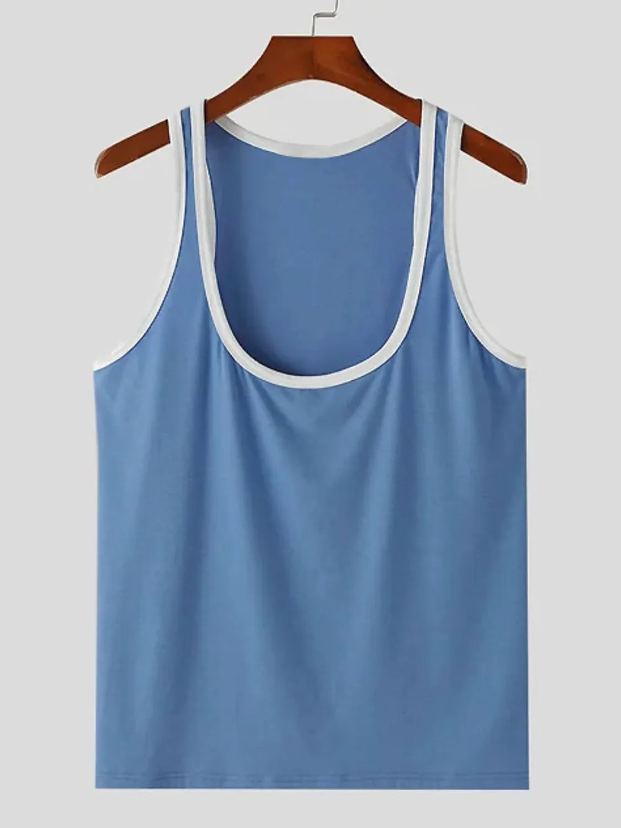 Light blue tank top with white contrast trim and scoop neck.