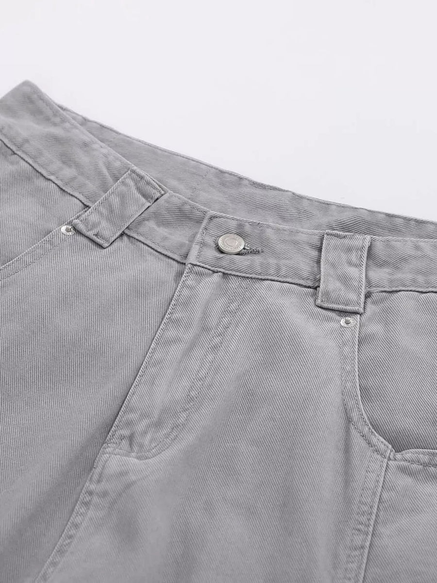 Grey cargo capris with button and zip fly detail.