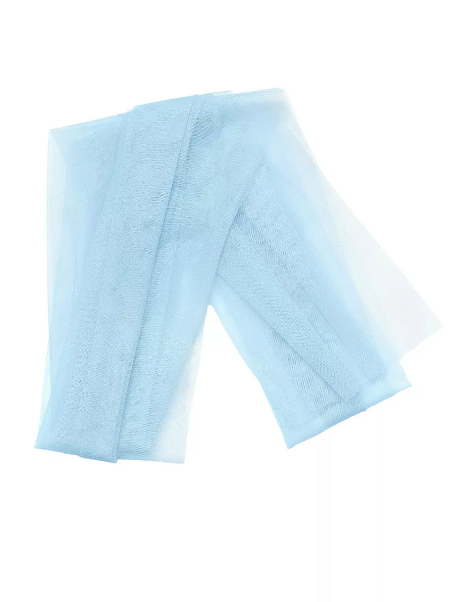 Light blue mesh overlay fabric with subtle ribbed texture, draped.