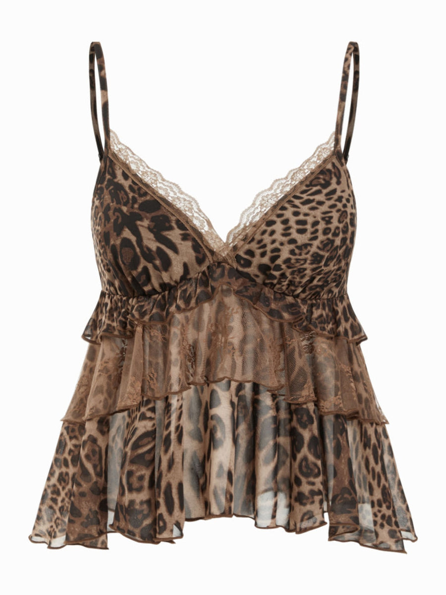 brown camisole featuring ruffled and leopard-print