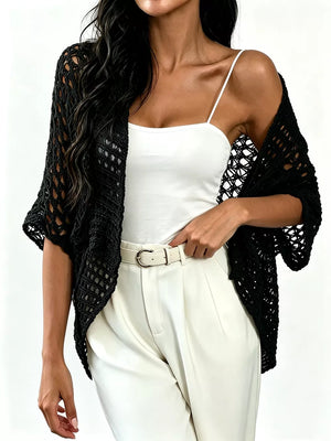 White cardigan with mesh and elbow sleeve